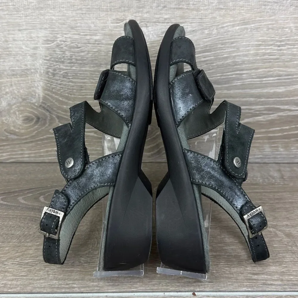 Wolky Fria Women’s Sz 9/EU 39 Black Crackled Leather Slingback Hook & Loop Shoe